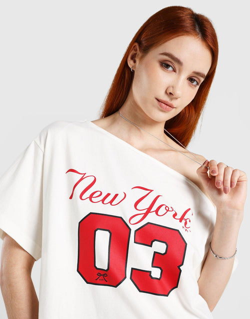 เสื้อแขนสั้นผู้หญิง Off Shoulder NY Yankees